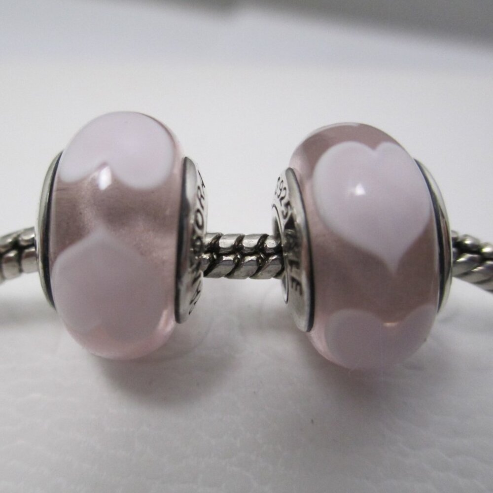2 Pieces Pink Hearts White Love Pandora Murano Glass Charms Relax Summer Break